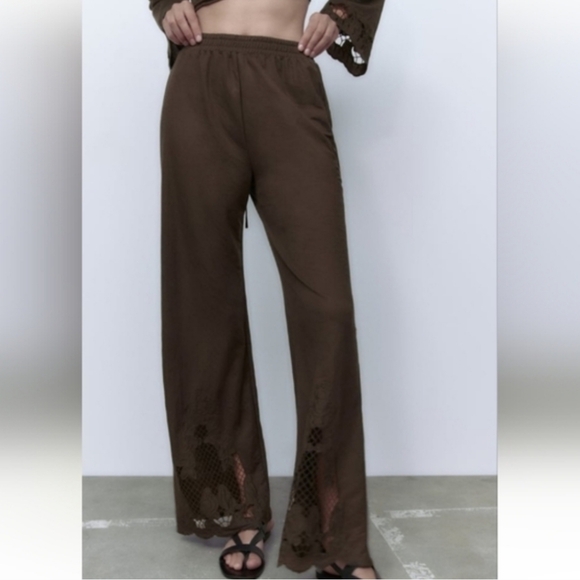 Zara Pants - Zara Brown Boho Flowy Embroidered Cutout Wide Leg Casual Pull On Pants Small